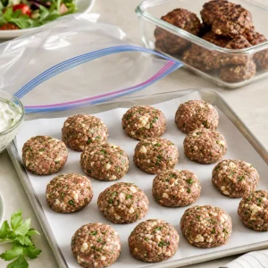 Raw keftedes on a parchment tray with a plain freezer bag nearby