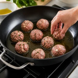 Raw keftedes placed in a skillet with shimmering olive oil