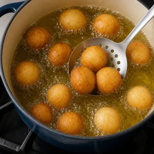 Loukoumades smazace sie na zloto w bulgoczacym oleju