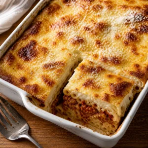 Baked Greek pastitsio with a golden top and a sliced corner.