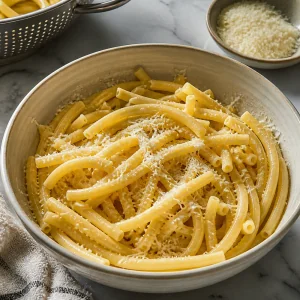 Cooked tubular pasta tossed with grated cheese in a bowl.