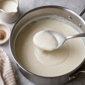 Creamy béchamel sauce coating a spoon in a saucepan.