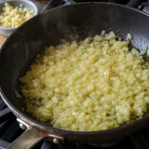 Finely chopped onion softening in olive oil in a skillet.