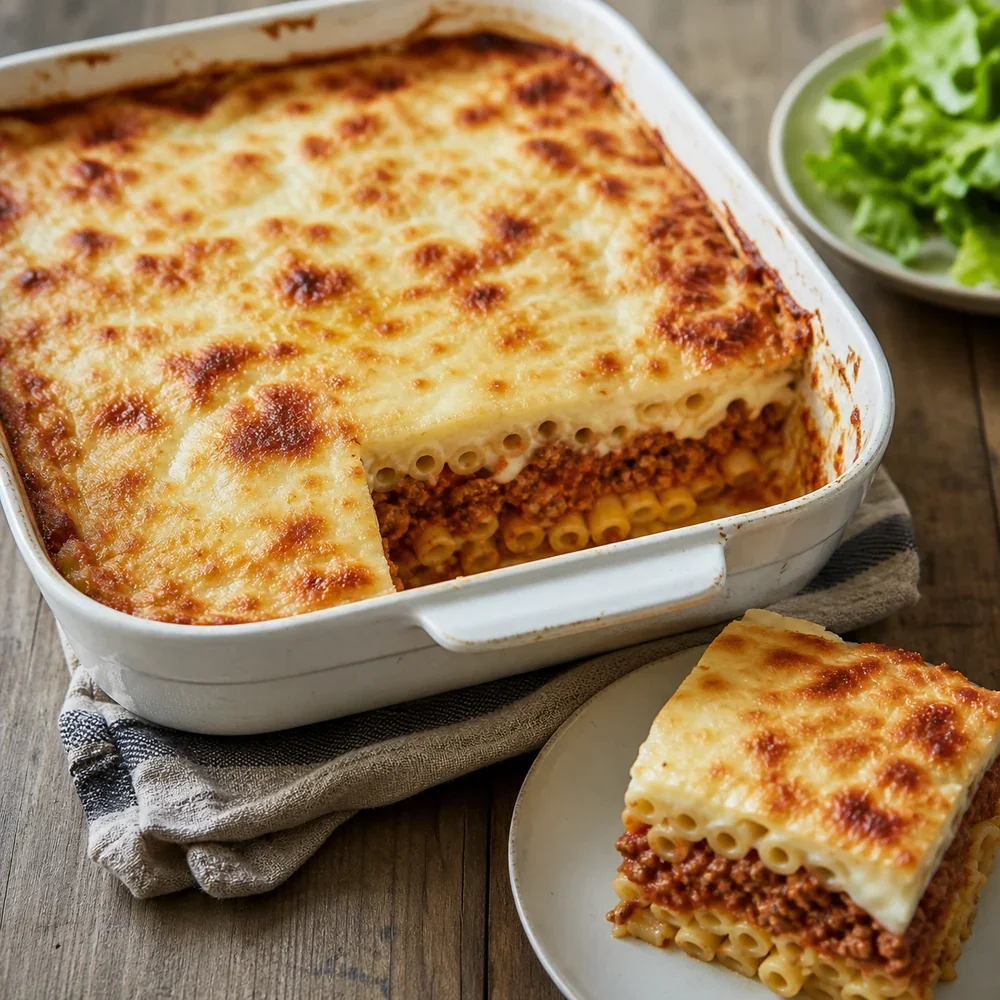 Finished Greek pastitsio with a golden béchamel top and one sliced serving.