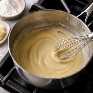 Pale butter and flour roux cooking in a saucepan.