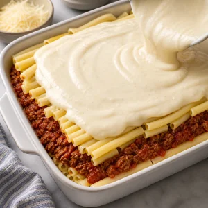 Pastitsio being assembled with pasta, beef sauce, and béchamel.