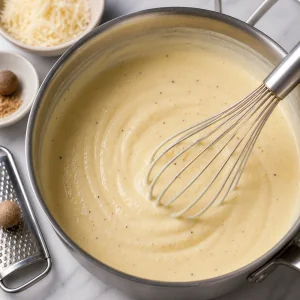 Smooth enriched béchamel with cheese and nutmeg in a saucepan.