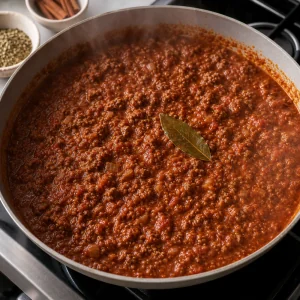Thick tomato beef sauce simmering with a bay leaf.