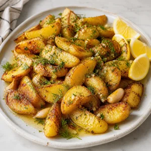 Finished Greek-style lemon potatoes with herbs, roasted garlic, and lemon wedges