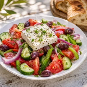 Salada grega pronta com feta, azeitonas, ervas, azeite e pao crocante