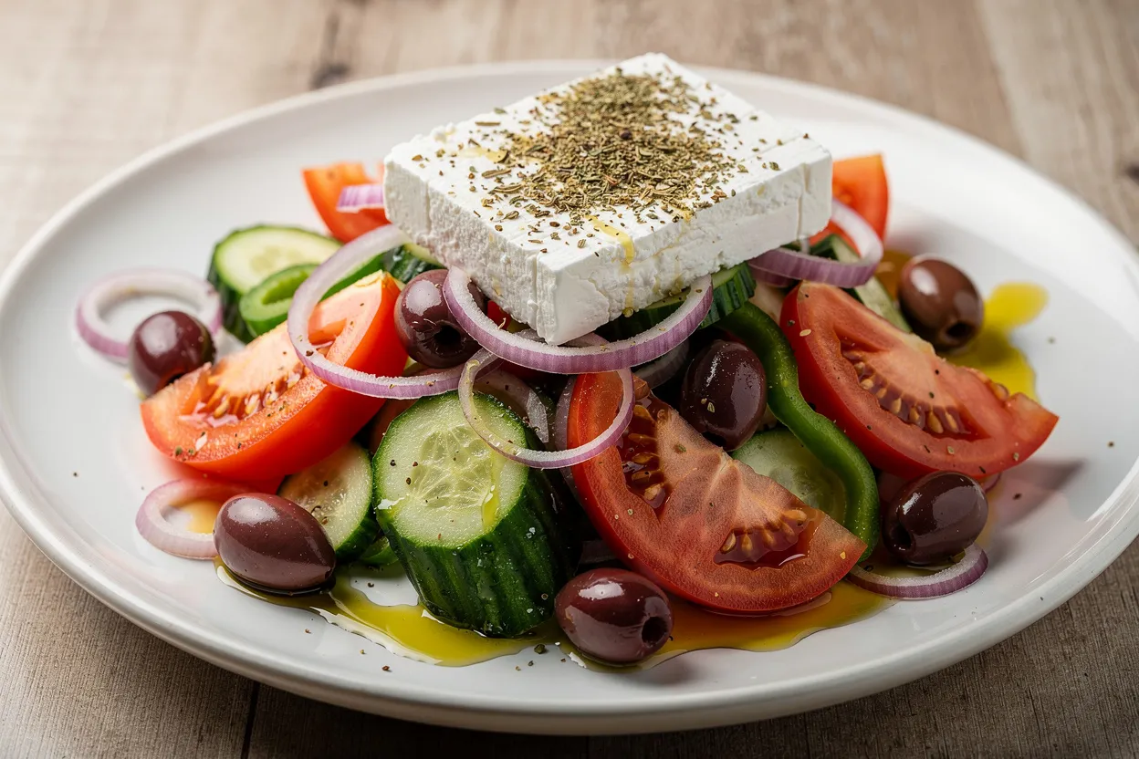 Greek Village Salad (Horiatiki) with Feta, Herbs and Olive Oil