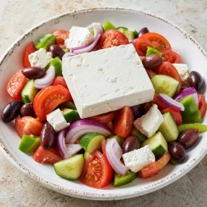 Legumes de salada grega com azeitonas Kalamata e um bloco de feta
