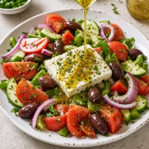 Molho de azeite e oregaos regado sobre salada grega com feta