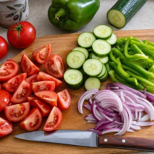 Tomates em quartos, rodelas de pepino, pimento verde e cebola roxa numa tabua