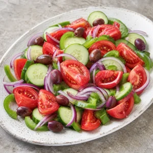 Tomate, pepino, pimento verde, cebola roxa e azeitonas Kalamata numa travessa