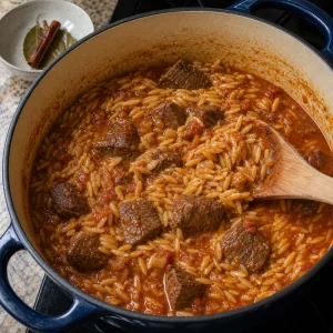 Orzo stirred into braised beef and tomato sauce