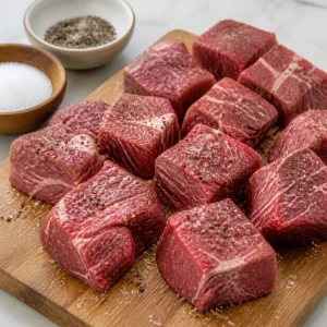 Raw beef cubes seasoned with salt and black pepper on a cutting board