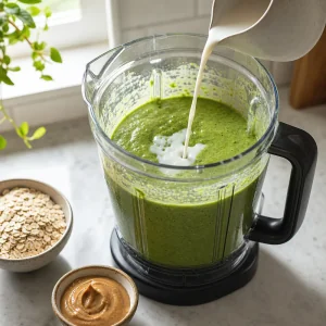 Mandelmilch wird in einen Mixerbehaelter mit dickem gruenem Smoothie gegossen