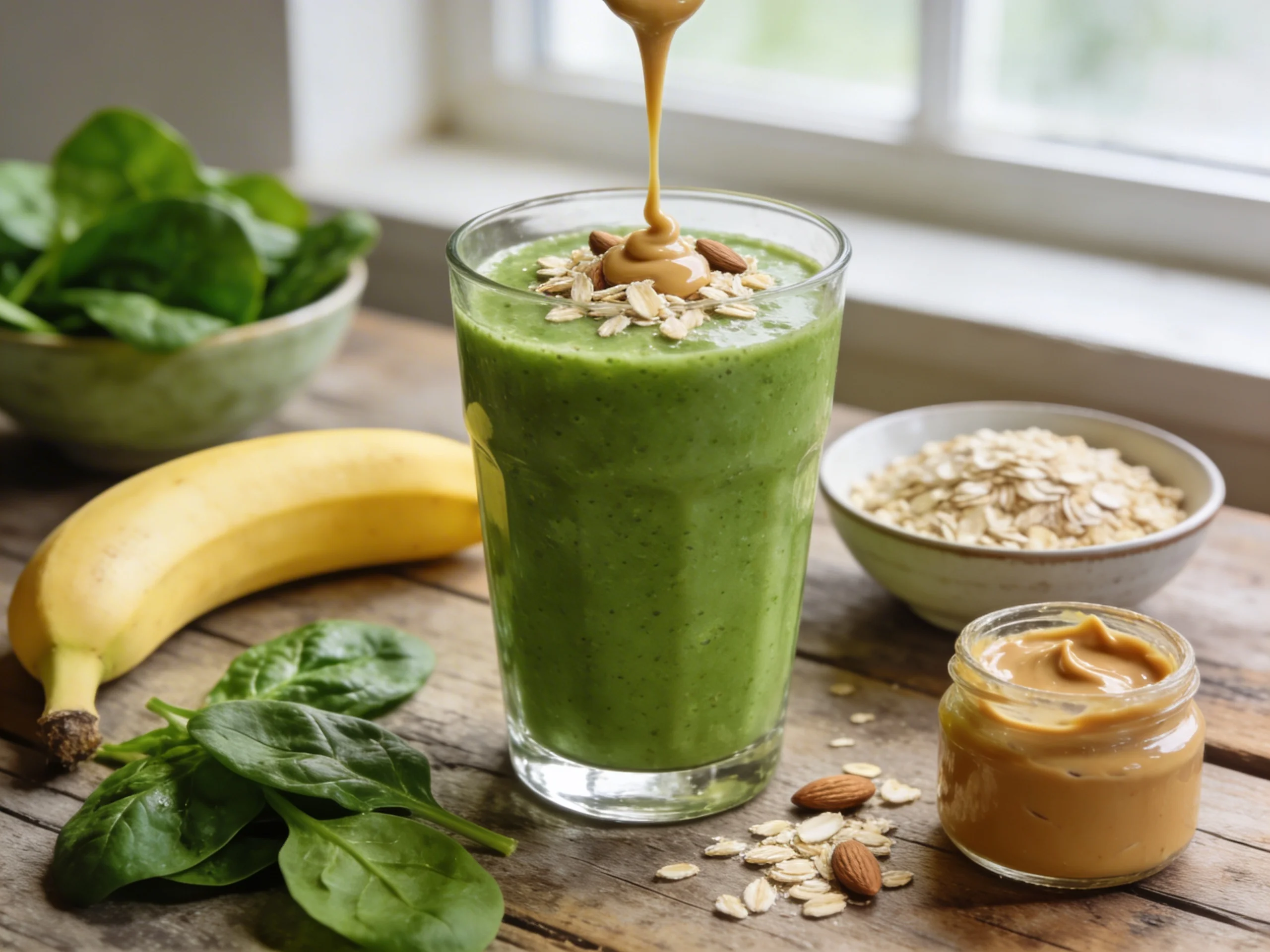 Green Power Energy Smoothie mit Hafer und Mandelmus