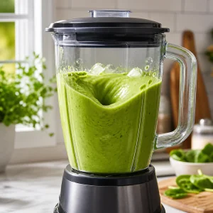 Gruener Smoothie wird im geschlossenen Mixer cremig gemixt