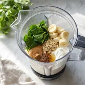 Spinat, Banane, Haferflocken, Joghurt, Mandelmus, Leinsamen und Honig im Mixer