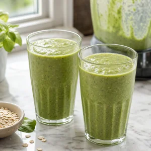 Zwei Glaeser mit frisch gemixtem gruenem Smoothie