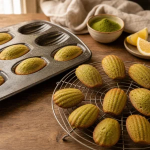 Gebackene Grüntee-Madeleines kühlen neben der Form auf einem Gitter ab