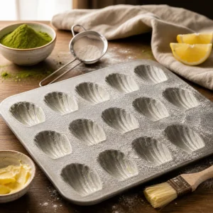 Gebutterte und bemehlte Madeleine-Form auf einer Holzarbeitsfläche