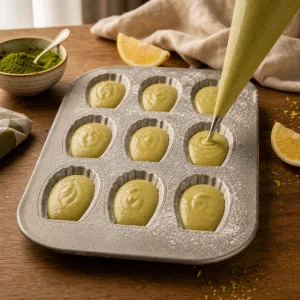 Grüntee-Madeleine-Teig in muschelförmige Mulden gespritzt