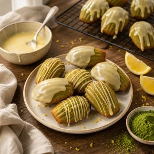 Grüntee-Madeleines mit heller Zitronenglasur auf Teller und Gitter