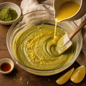 Geschmolzene Butter wird mit Zitronenschale in glänzenden Grüntee-Teig gerührt
