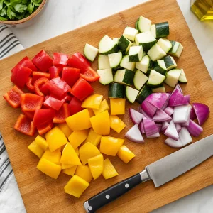 Bell peppers zucchini and red onion cut into chunks on a wooden cutting board