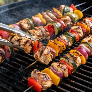 Chicken and vegetable kabobs grilling with char marks forming on the grate