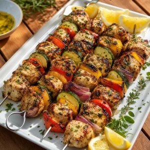 Grilled chicken kabobs resting on a platter with lemon juice and herbs