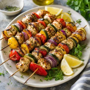 Grilled chicken kabobs with marinated vegetables and lemon wedges