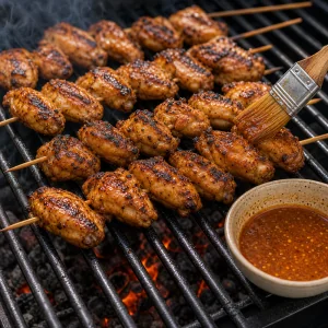 Chicken wing skewers charring on the grill