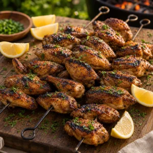 Grilled chicken wing kebabs with parsley and lemon wedges