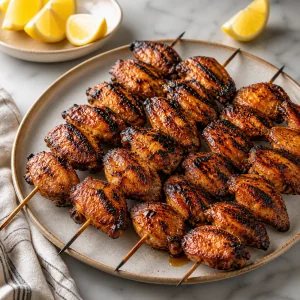 Grilled chicken wing skewers resting on a plate