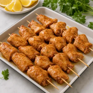 Marinated chicken wings threaded onto wooden skewers