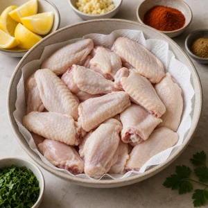 Raw chicken wings dried in a large bowl