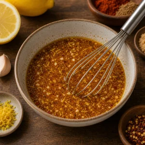 Smoky lemon marinade whisked in a small bowl