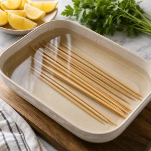 Wooden skewers soaking in a tray of water