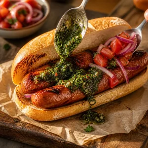 Chimichurri spooned over chorizo in a toasted roll