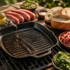 Oiled cast-iron grill pan ready for chorizo