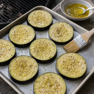 Eggplant rounds brushed with garlic oil and seasoning