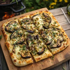 Finished grilled eggplant and olive pizza on a board
