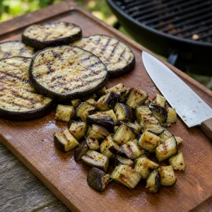Grilled eggplant with dark grill marks cut on a board