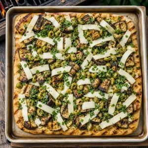 Grilled pizza crust topped with eggplant, provolone, olives, and parsley