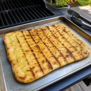 Grilled pizza crust with marks on a baking sheet