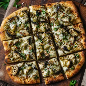 Sliced grilled eggplant and olive pizza ready to serve